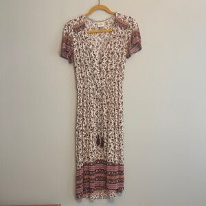 Knox Rose Boho Floral Midi Dress - Cream and Pink